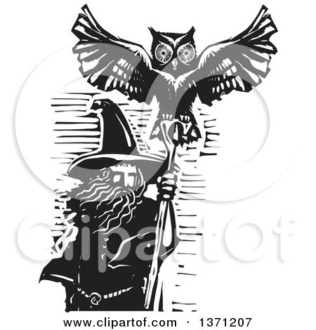 Clipart of a Black and White Woodcut Wizard, Merlin, with an Owl - Royalty Free Vector Illustration by xunantunich