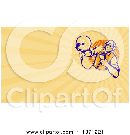 Clipart of a Retro Woodcut Engineer Holding an Ultrasound Sonar Satellite Dish and Yellow Rays Background or Business Card Design - Royalty Free Illustration by patrimonio