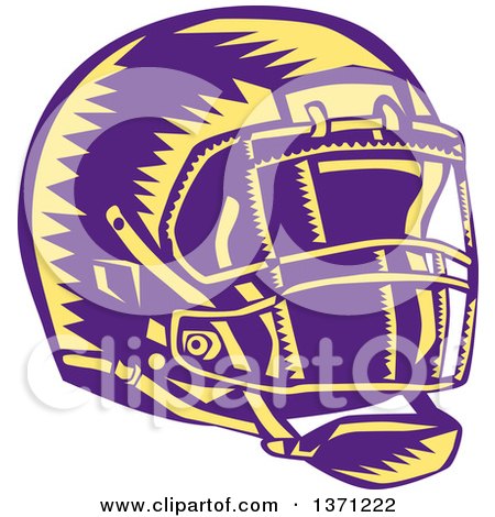 Clipart of a Purple and Yellow Woodcut American Football Helmet - Royalty Free Vector Illustration by patrimonio