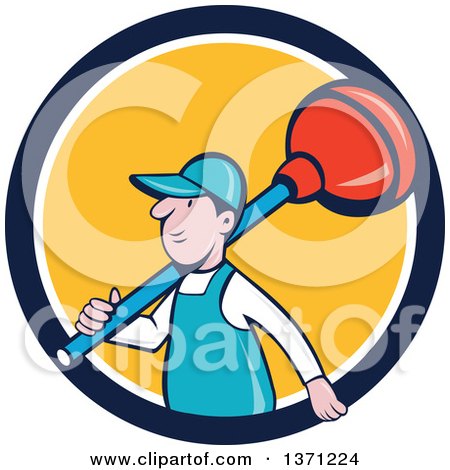 Clipart of a Retro Cartoon White Male Plumber with a Giant Plunger over His Shoulder, Emerging from a Blue White and Yellow Circle - Royalty Free Vector Illustration by patrimonio