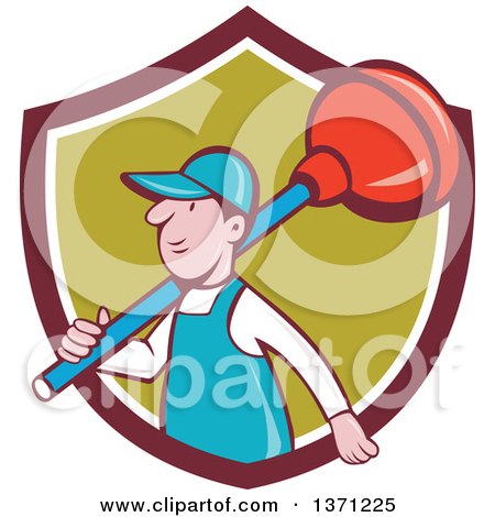 Clipart of a Retro Cartoon White Male Plumber with a Giant Plunger over His Shoulder, Emerging from a Shield - Royalty Free Vector Illustration by patrimonio