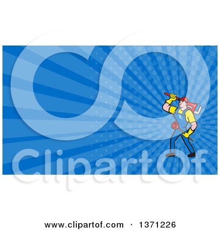 Clipart of a Cartoon White Male Plumber Carrying a Plunger and Monkey Wrench and Blue Rays Background or Business Card Design - Royalty Free Illustration by patrimonio