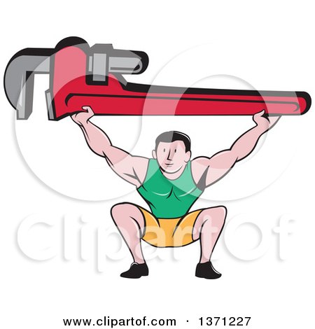 Clipart of a Retro Cartoon White Male Plumber Bodybuilder Doing Squats with a Giant Monkey Wrench - Royalty Free Vector Illustration by patrimonio