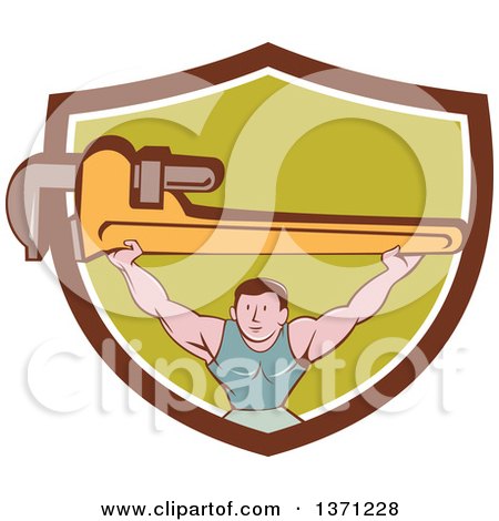Clipart of a Retro Cartoon White Male Plumber Bodybuilder Doing Squats with a Giant Monkey Wrench in a Shield - Royalty Free Vector Illustration by patrimonio