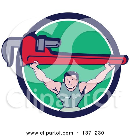 Clipart of a Retro Cartoon White Male Plumber Bodybuilder Doing Squats with a Giant Monkey Wrench in a Blue White and Green Circle - Royalty Free Vector Illustration by patrimonio