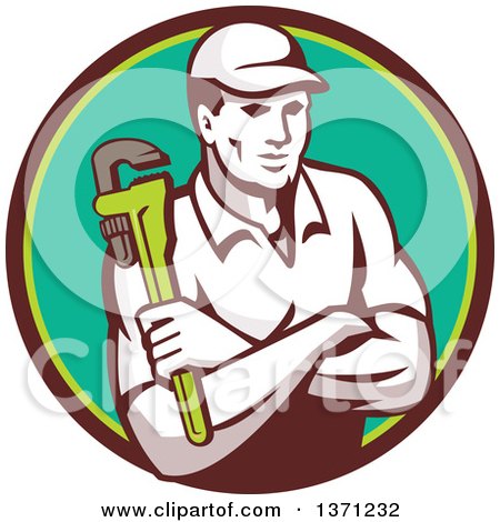 Clipart of a Retro Male Plumber Holding a Monkey Wrench, with Folded Arms in a Brown and Green Circle - Royalty Free Vector Illustration by patrimonio