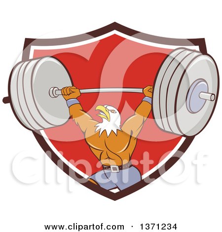 Clipart of a Cartoon Bald Eagle Man Bodybuilder Working out with a Barbell in a Shield - Royalty Free Vector Illustration by patrimonio