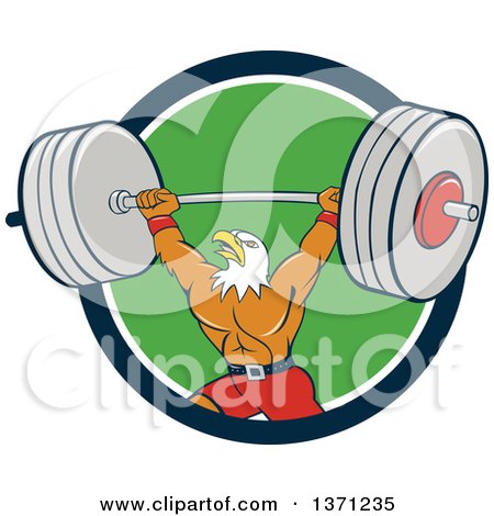 Clipart of a Cartoon Bald Eagle Man Bodybuilder Working out with a Barbell in a Blue White and Green Circle - Royalty Free Vector Illustration by patrimonio
