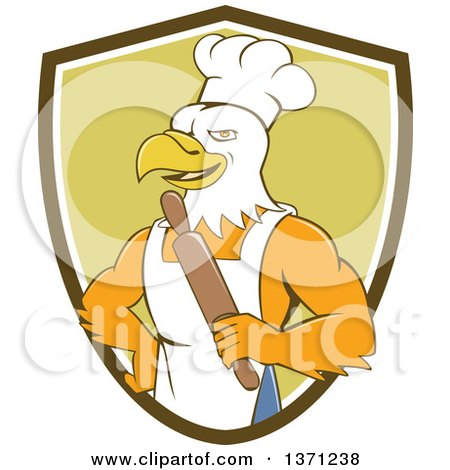 Clipart of a Cartoon Bald Eagle Man Chef Baker Holding a Rolling Pin in a Shield - Royalty Free Vector Illustration by patrimonio
