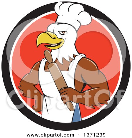 Clipart of a Cartoon Bald Eagle Man Chef Baker Holding a Rolling Pin in a Black White and Red Circle - Royalty Free Vector Illustration by patrimonio