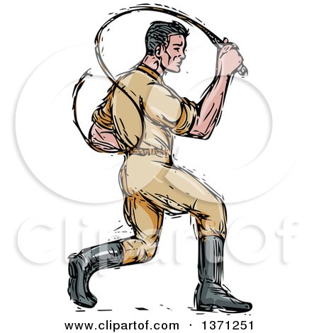 Clipart of a Sketched Male Lion Tamer Cracking a Bullwhip - Royalty Free Vector Illustration by patrimonio