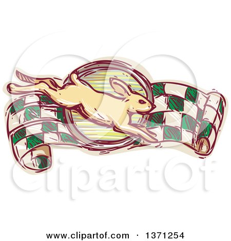 Clipart of a Sketched Rabbit Leaping over a Racing Flag Banner - Royalty Free Vector Illustration by patrimonio