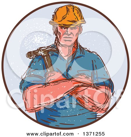 Clipart of a Retro Sketched Male Builder Holding a Hammer in a Circle - Royalty Free Vector Illustration by patrimonio