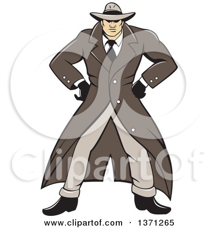 Clipart of a Cartoon Detective Wearing a Trench Coat and Standing with Hands on His Hips - Royalty Free Vector Illustration by patrimonio