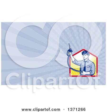 Clipart of a Retro Gas Station Attendant Jockey Holding up a Nozzle and Rays Background or Business Card Design - Royalty Free Illustration by patrimonio
