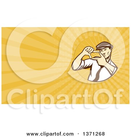 Clipart of a Retro Movie Director Framing a Shot with His Hands and Yellow Rays Background or Business Card Design - Royalty Free Illustration by patrimonio