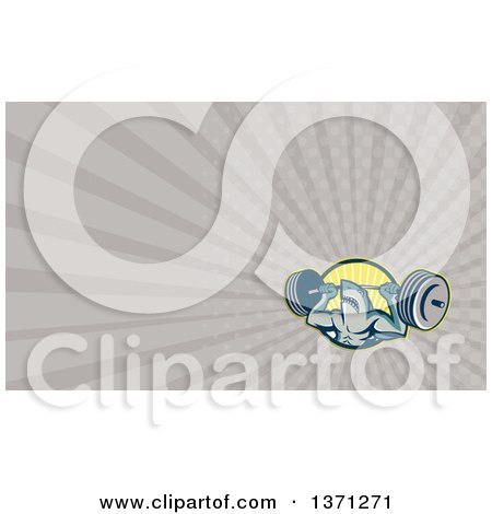Clipart of a Shark Lifting a Barbell and Taupe Rays Background or Business Card Design - Royalty Free Illustration by patrimonio