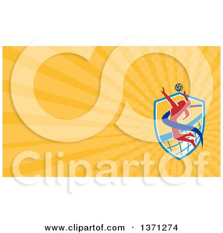 Clipart of a Female Volleyball Player Spiking a Ball and Orange Rays Background or Business Card Design - Royalty Free Illustration by patrimonio