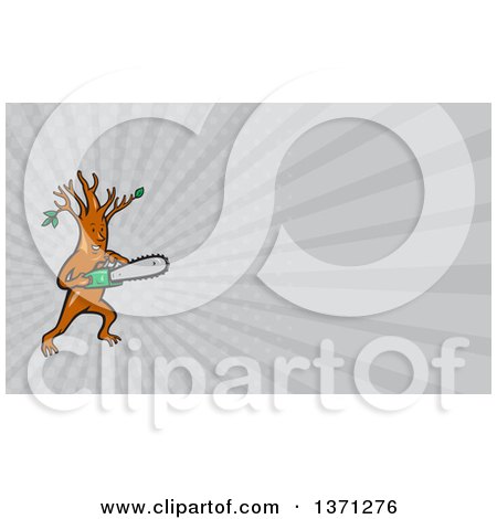 Clipart of a Happy Arborist Tree Holding a Saw and Gray Rays Background or Business Card Design - Royalty Free Illustration by patrimonio
