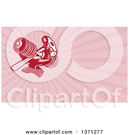 Clipart of a Retro Dumbbell, Sledgehammer and Anvil and Pink Rays Background or Business Card Design - Royalty Free Illustration by patrimonio