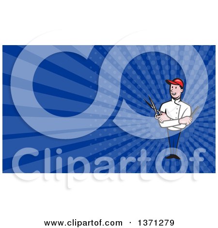 Clipart of a Happy Barber with Crossed Arms and a Comb and Scissors in Hand and Blue Rays Background or Business Card Design - Royalty Free Illustration by patrimonio