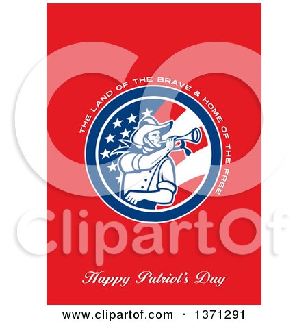 Clipart of a Greeting Card Design with an American Calvary Soldier Blowing a Bugle and the Land of the Brave&Home of the Free, Happy Patriot's Day Text on Red - Royalty Free Illustration by patrimonio