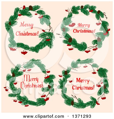 Clipart of Merry Christmas Greetings in Wreaths with Berries and Pinecones over Beige - Royalty Free Vector Illustration by Vector Tradition SM