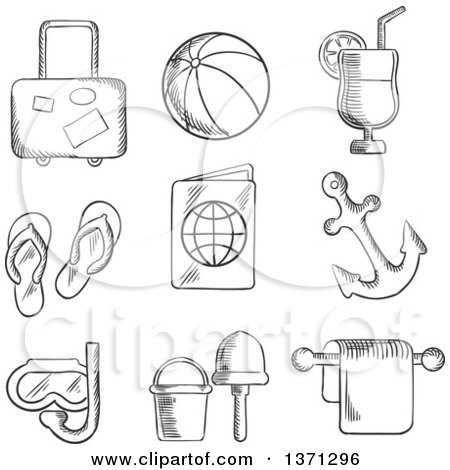 Clipart of a Black and White Sketched Luggage, Beach Ball, Cocktail Drink, Thongs, Ticket, Passport, Anchor, Snorkeling, Bucket and Spade - Royalty Free Vector Illustration by Vector Tradition SM