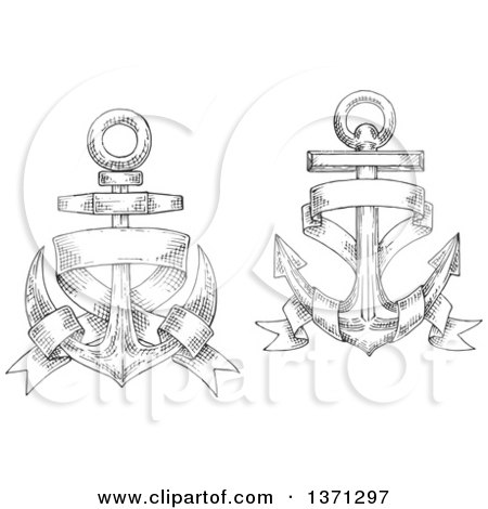 Clipart of a Black and White Sketched Anchor with a Blank Ribbon Banner - Royalty Free Vector Illustration by Vector Tradition SM