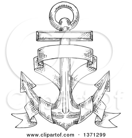 Clipart of a Black and White Sketched Anchor with a Blank Ribbon Banner - Royalty Free Vector Illustration by Vector Tradition SM