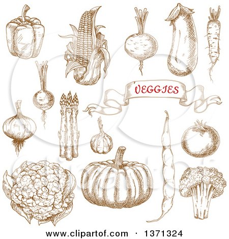 Clipart of Brown Sketched Vegetables - Royalty Free Vector Illustration by Vector Tradition SM