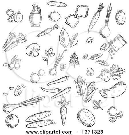 Clipart of Black and White Sketched Veggies - Royalty Free Vector Illustration by Vector Tradition SM