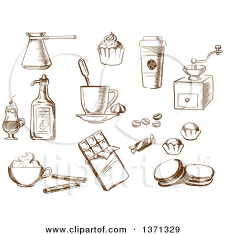 Clipart of Brown Sketched Coffee and Desserts - Royalty Free Vector Illustration by Vector Tradition SM