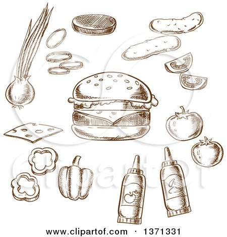 Clipart of Brown Sketched Condiments and a Cheeseburger - Royalty Free Vector Illustration by Vector Tradition SM
