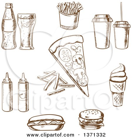 Clipart of Brown Sketched Fat Foods and Drinks - Royalty Free Vector Illustration by Vector Tradition SM