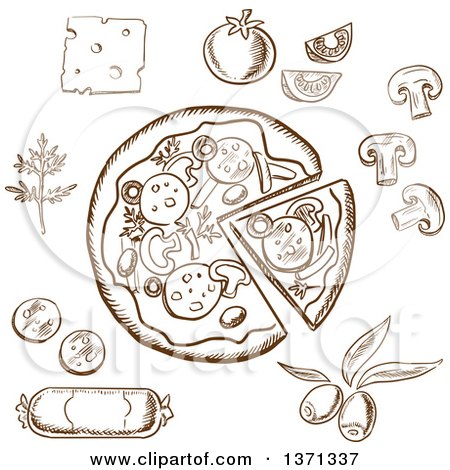 Clipart of Brown Sketched Pizza and Ingredients - Royalty Free Vector Illustration by Vector Tradition SM