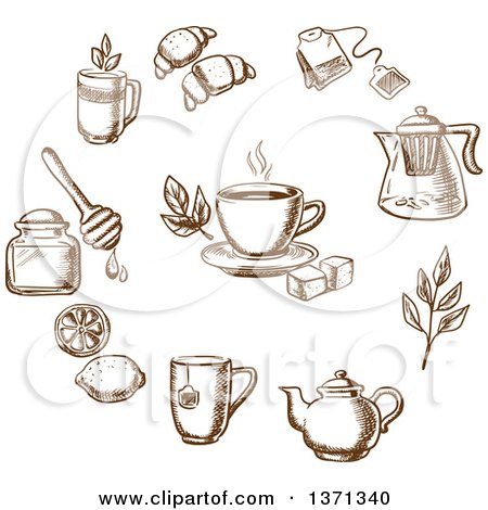 Clipart of Brown Sketched Tea and Goods - Royalty Free Vector Illustration by Vector Tradition SM