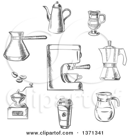 Clipart of Gray Sketched Coffee Items - Royalty Free Vector Illustration by Vector Tradition SM