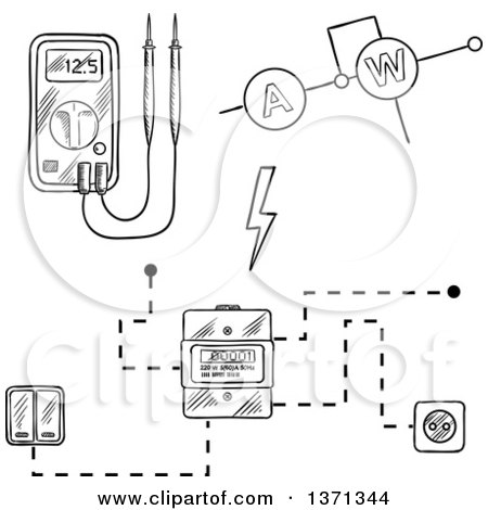 Clipart of a Black and White Sketched Digital Voltmeter, Electricity Meter with Socket and Switches, Electrical Circuit - Royalty Free Vector Illustration by Vector Tradition SM