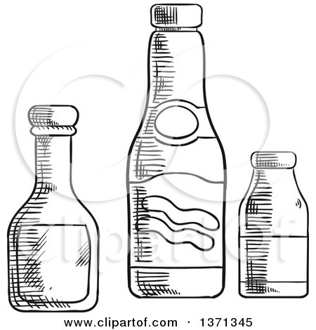 Clipart of Black and White Sketched Ketchup, Mustard and Sea Salt Bottles - Royalty Free Vector Illustration by Vector Tradition SM