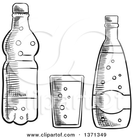 Clipart of Black and White Sketched Bottles and Glass of Water - Royalty Free Vector Illustration by Vector Tradition SM