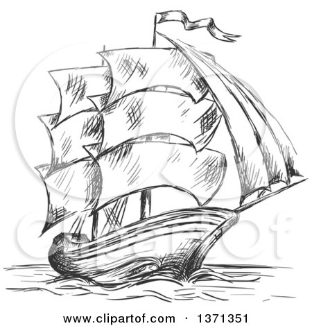 Clipart of a Sketched Black and White Ship - Royalty Free Vector Illustration by Vector Tradition SM