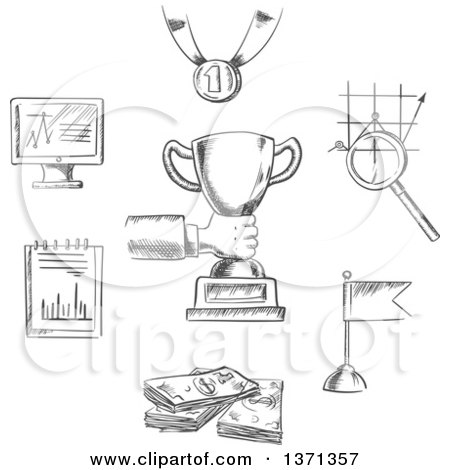 Clipart of a Black and White Sketched Business, Achievement, Management, Creative and Success Sketch Icons with Human Hand, Trophy Cup, Flag, Money, Chart, Notebook, Monitor, Medal and Magnifying Glass - Royalty Free Vector Illustration by Vector Tradition SM