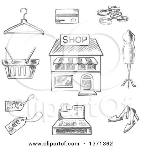 Clipart of a Black and White Sketched Central Store Front Surrounded by a Till, Sale Price, Basket, Hanger, Credit Card, Cash, Mannequin and Shoes - Royalty Free Vector Illustration by Vector Tradition SM