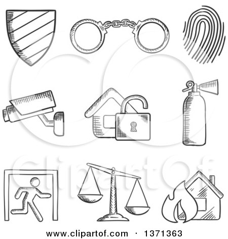 Clipart of a Black and White Sketched Security Shield , Handcuffs, Thumb Print, Surveillance Camera, Padlock, Fire Extinguisher, Emergency Exit, Scales of Justice and Fire - Royalty Free Vector Illustration by Vector Tradition SM