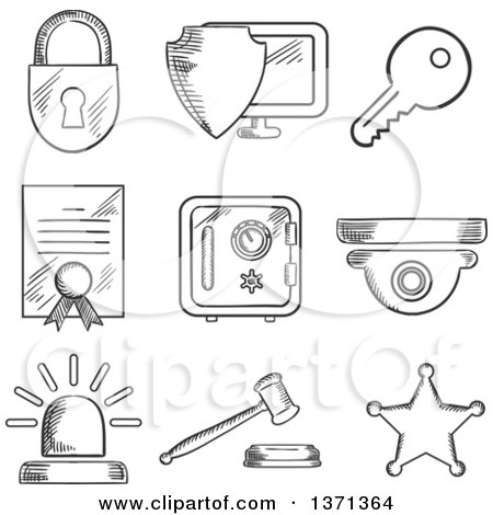 Clipart of a Black and White Sketched Padlock, Computer Security Virus, Certificate, Key, Police Alarm, Gavel and Sheriff Star - Royalty Free Vector Illustration by Vector Tradition SM