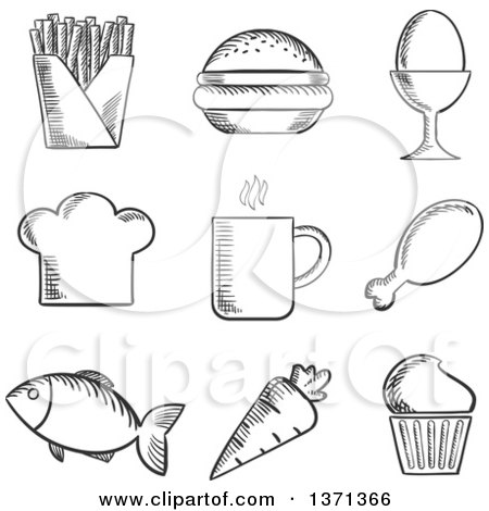 Clipart of Black and White Sketched Foods - Royalty Free Vector Illustration by Vector Tradition SM