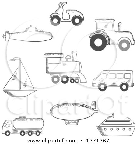 Clipart of a Black and White Sketched Submarine, Yacht, Scooter, Tractor, Blimp, Van, Train, Ship and Tank Car - Royalty Free Vector Illustration by Vector Tradition SM