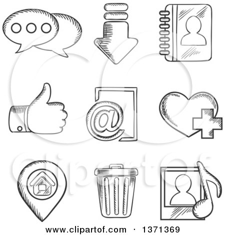 Clipart of Black and White Sketched Chat, Download, Notebook, Like, E-mail, Navigation, Favorite, Media and Bin Symbols - Royalty Free Vector Illustration by Vector Tradition SM