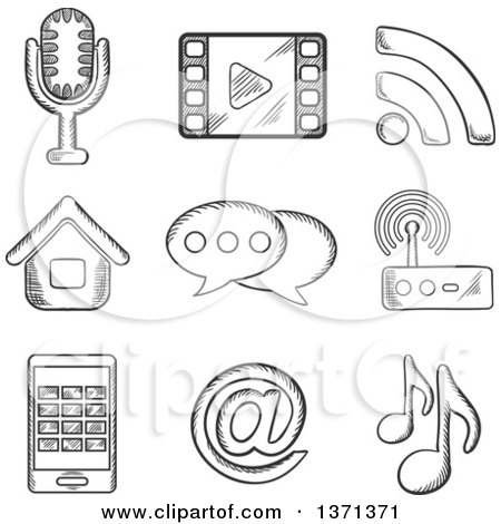 Clipart of a Black and White Sketched Microphone, Wi-fi, Web, Film, Video, Tablet, Network and Music Notes - Royalty Free Vector Illustration by Vector Tradition SM